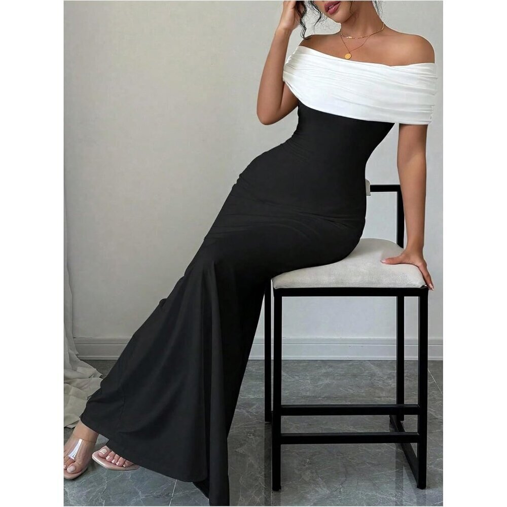 Women's Color Block Fishtail Maxi Dress Off Shoulder Bodycon for Events - Picture 5 of 5